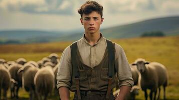 Handsome young man in the meadow with cattle Shepherd working on farm. Outdoor. Eco pasture. farming concept photo