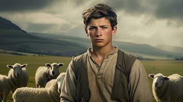 Handsome young man in the meadow with cattle Shepherd working on farm. Outdoor. Eco pasture. farming concept photo