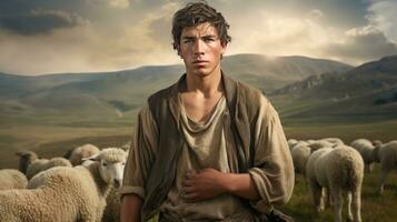 Handsome young man in the meadow with cattle Shepherd working on farm. Outdoor. Eco pasture. farming concept photo