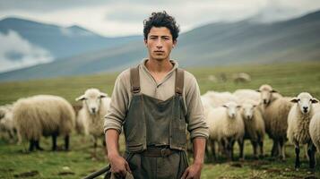 Handsome young man in the meadow with cattle Shepherd working on farm. Outdoor. Eco pasture. farming concept photo