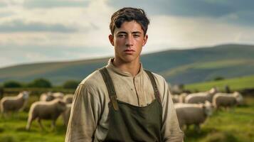 Handsome young man in the meadow with cattle Shepherd working on farm. Outdoor. Eco pasture. farming concept photo