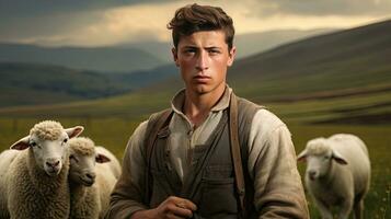 Handsome young man in the meadow with cattle Shepherd working on farm. Outdoor. Eco pasture. farming concept photo