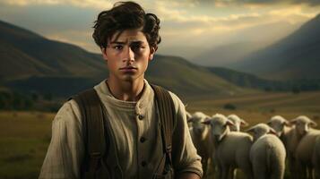 Handsome young man in the meadow with cattle Shepherd working on farm. Outdoor. Eco pasture. farming concept photo