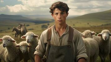 Handsome young man in the meadow with cattle Shepherd working on farm. Outdoor. Eco pasture. farming concept photo