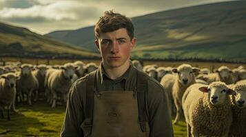 hermoso joven hombre en el prado con vacas pastor trabajando en granja. exterior. eco pastar. agricultura concepto foto