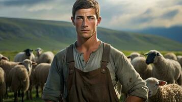 Handsome young man in the meadow with cattle Shepherd working on farm. Outdoor. Eco pasture. farming concept photo