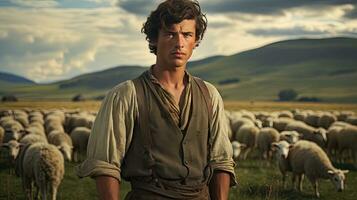 Handsome young man in the meadow with cattle Shepherd working on farm. Outdoor. Eco pasture. farming concept photo