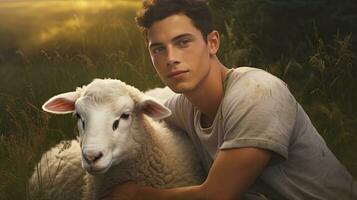 Handsome young man in the meadow with cattle Shepherd working on farm. Outdoor. Eco pasture. farming concept photo