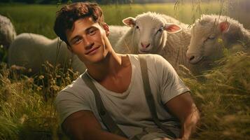 Handsome young man in the meadow with cattle Shepherd working on farm. Outdoor. Eco pasture. farming concept photo