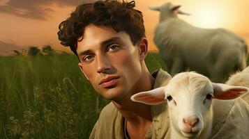 Handsome young man in the meadow with cattle Shepherd working on farm. Outdoor. Eco pasture. farming concept photo