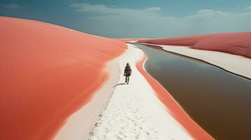 Tourists walking on desert sand dunes with red river aerial view at sunset,Generated with AI photo