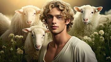 Handsome young man in the meadow with cattle Shepherd working on farm. Outdoor. Eco pasture. farming concept photo