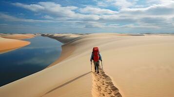 Tourists walking on desert sand dunes with red river aerial view at sunset,Generated with AI photo