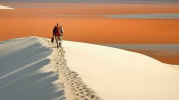 Tourists walking on desert sand dunes with red river aerial view at sunset,Generated with AI photo