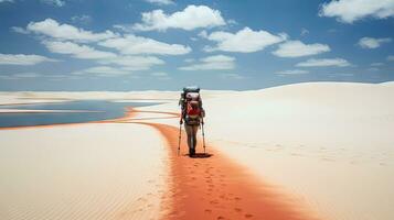 Tourists walking on desert sand dunes with red river aerial view at sunset,Generated with AI photo