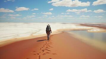 Tourists walking on desert sand dunes with red river aerial view at sunset,Generated with AI photo