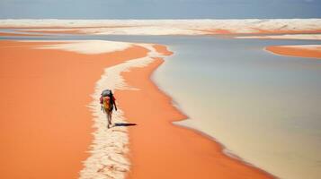 Tourists walking on desert sand dunes with red river aerial view at sunset,Generated with AI photo