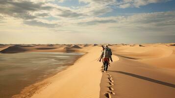 turistas caminando en Desierto arena dunas con rojo río aéreo ver a puesta de sol, generada con ai foto