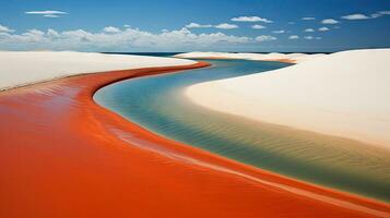 Tourists walking on desert sand dunes with red river aerial view at sunset,Generated with AI photo