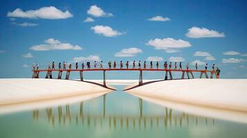 turistas caminando en Desierto arena dunas con rojo río aéreo ver a puesta de sol, generada con ai foto