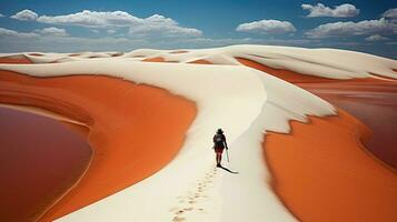 Tourists walking on desert sand dunes with red river aerial view at sunset,Generated with AI photo