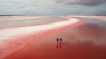 Tourists walking on desert sand dunes with red river aerial view at sunset,Generated with AI photo