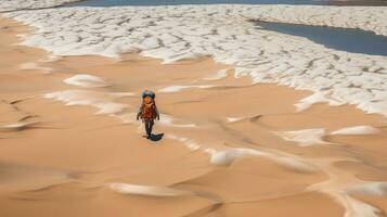 Tourists walking on desert sand dunes with red river aerial view at sunset,Generated with AI photo