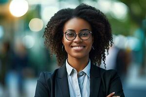 de cerca de contento mujer de negocios mirando a cámara y sonriente en oficina africano americano hembra empresario en oficina, negocio mujer,generada con ai foto