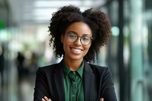 Close-up of happy businesswoman looking at camera and smiling in office African American female entrepreneur in office, business woman,Generated with AI photo