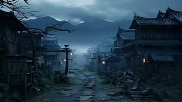 A samurai stands in the alley of an old house in the Kicho Valley at night.Generated with AI photo