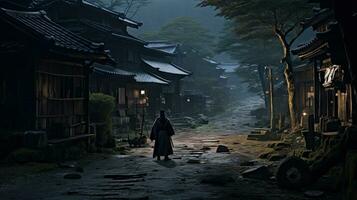 A samurai stands in the alley of an old house in the Kicho Valley at night.Generated with AI photo