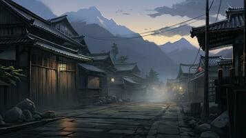 A samurai stands in the alley of an old house in the Kicho Valley at night.Generated with AI photo