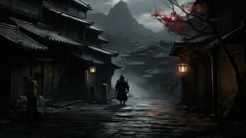 A samurai stands in the alley of an old house in the Kicho Valley at night.Generated with AI photo