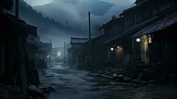 A samurai stands in the alley of an old house in the Kicho Valley at night.Generated with AI photo