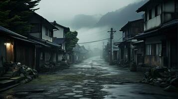 A samurai stands in the alley of an old house in the Kicho Valley at night.Generated with AI photo