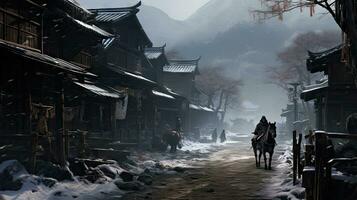 A samurai stands in the alley of an old house in the Kicho Valley at night.Generated with AI photo