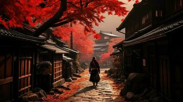 A samurai stands in the alley of an old house in the Kicho Valley at night.Generated with AI photo