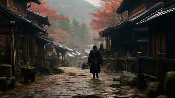 A samurai stands in the alley of an old house in the Kicho Valley at night.Generated with AI photo