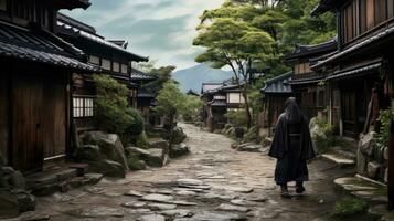 A samurai stands in the alley of an old house in the Kicho Valley at night.Generated with AI photo