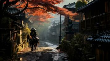 A samurai stands in the alley of an old house in the Kicho Valley at night.Generated with AI photo