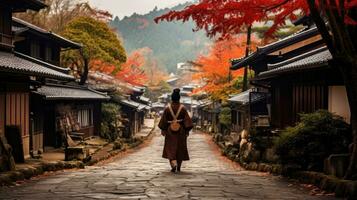 A samurai stands in the alley of an old house in the Kicho Valley at night.Generated with AI photo