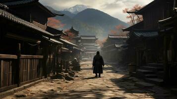 A samurai stands in the alley of an old house in the Kicho Valley at night.Generated with AI photo