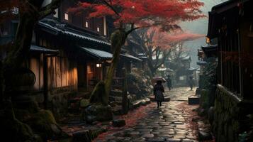 A samurai stands in the alley of an old house in the Kicho Valley at night.Generated with AI photo