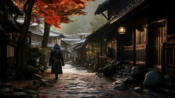 A samurai stands in the alley of an old house in the Kicho Valley at night.Generated with AI photo