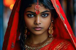 Beautiful Indian girl Hindu female model in sari and kundan accessories red traditional costume of india photo