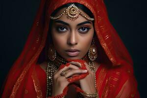 hermosa indio niña hindú hembra modelo en sari y kundan accesorios rojo tradicional disfraz de India foto