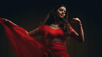 Beautiful Indian girl Hindu female model in sari and kundan accessories red traditional costume of india photo