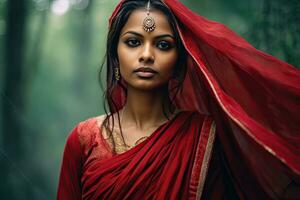 hermosa indio niña hindú hembra modelo en sari y kundan accesorios rojo tradicional disfraz de India foto