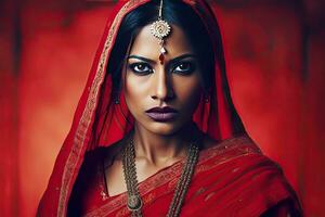 hermosa indio niña hindú hembra modelo en sari y kundan accesorios rojo tradicional disfraz de India foto