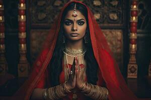 Beautiful Indian girl Hindu female model in sari and kundan accessories red traditional costume of india photo